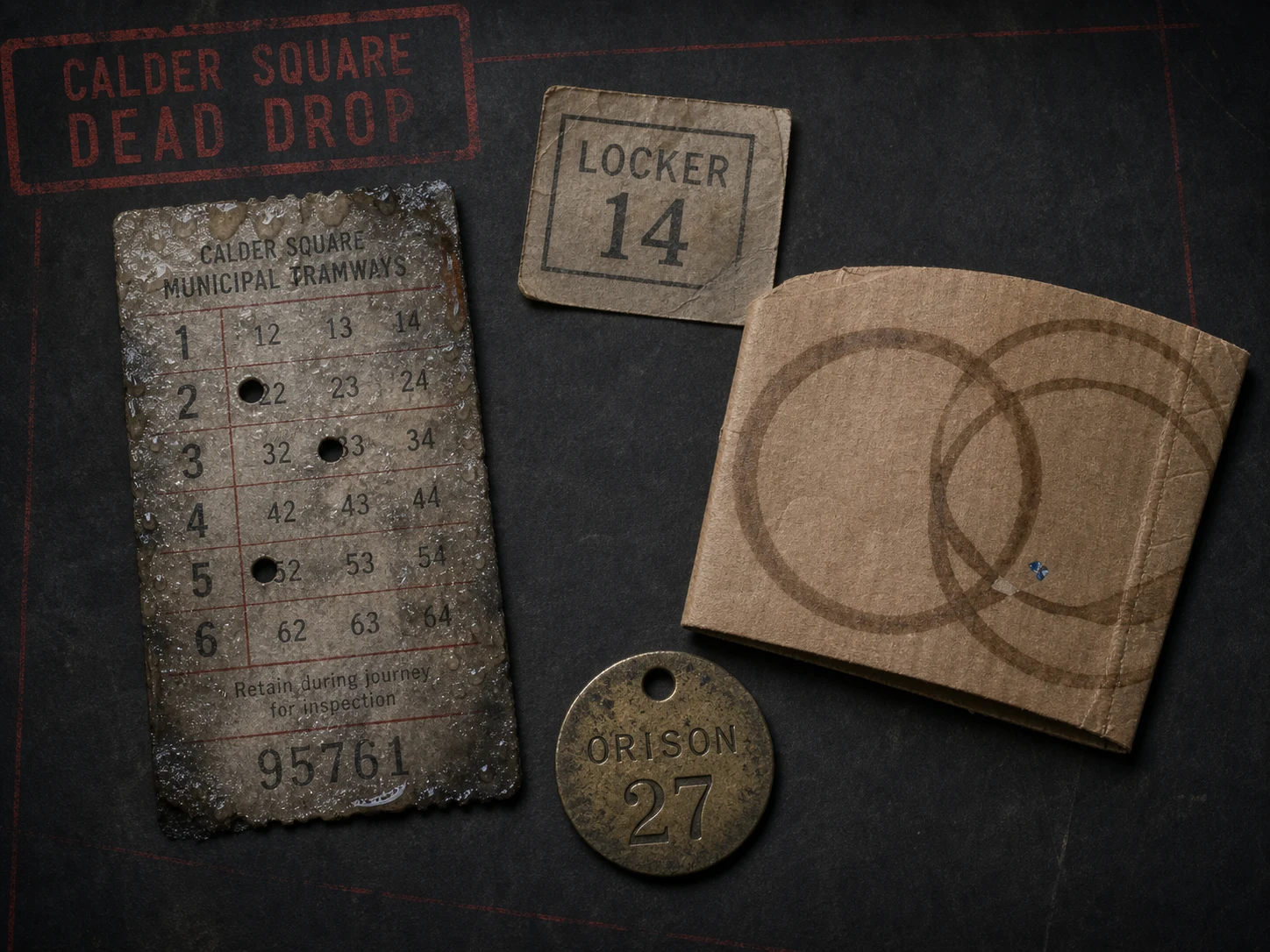 A weathered tram ticket and several rain-marked objects arranged as evidence.