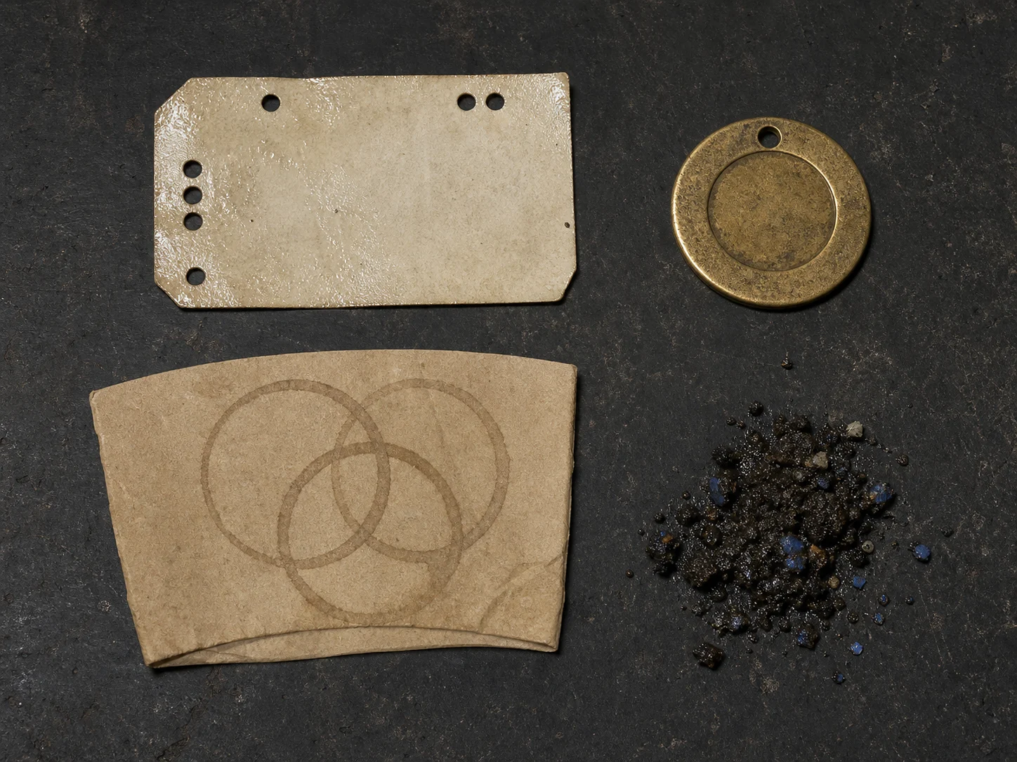 A rain-wet bench with a token and several small pieces of evidence.