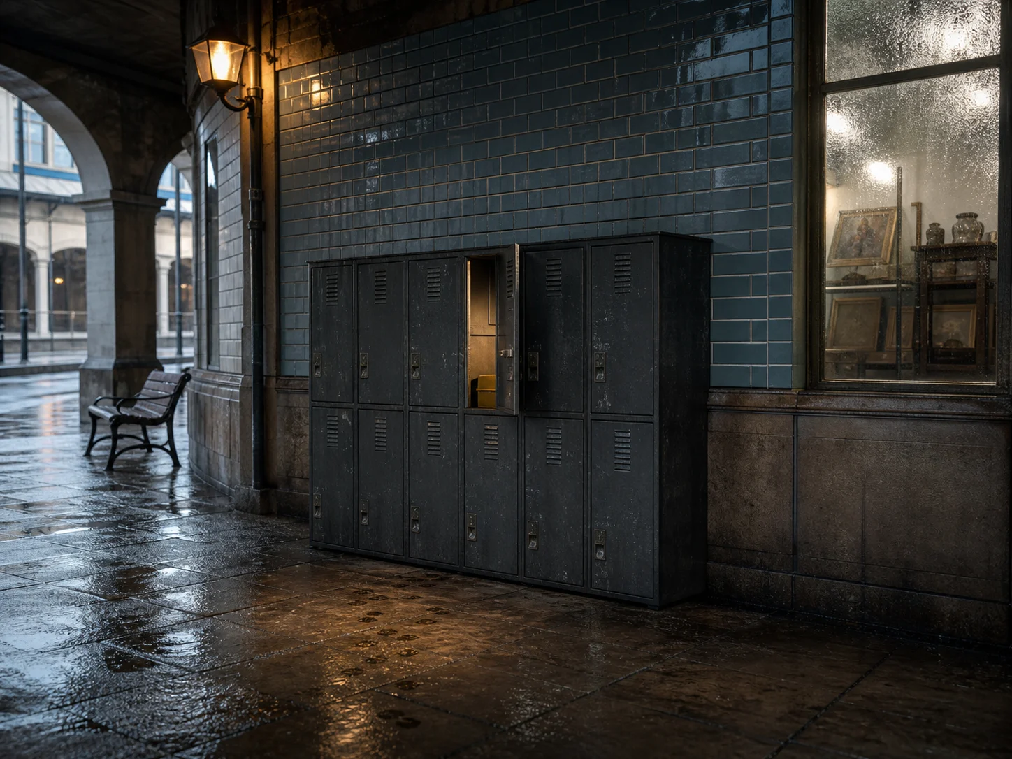 Rain falls outside a row of lockers in an old tram arcade.