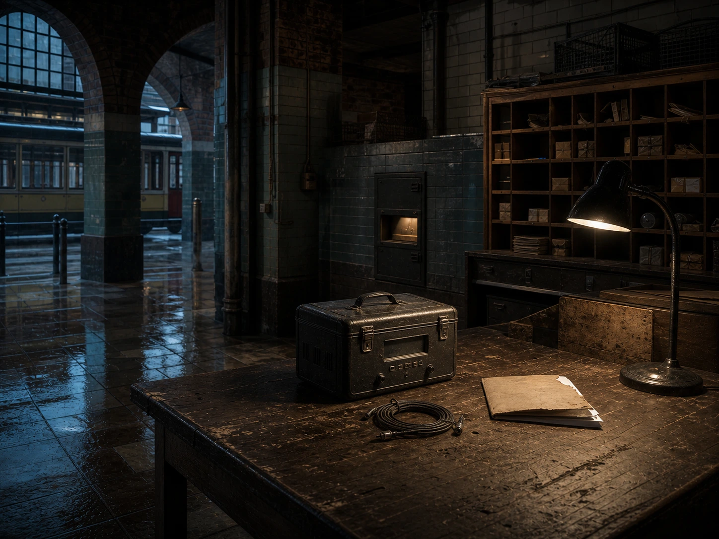 A portable reader on a workbench in a disused municipal parcel room.
