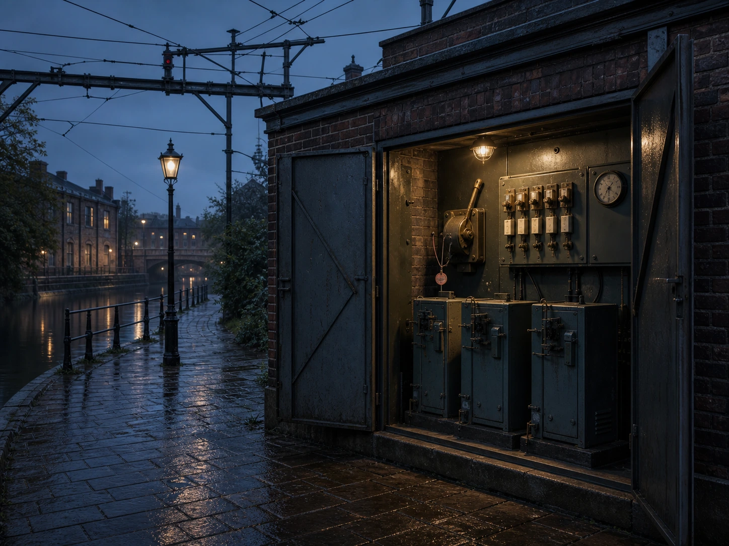 A rain-dark municipal signal building in Brackenmere.