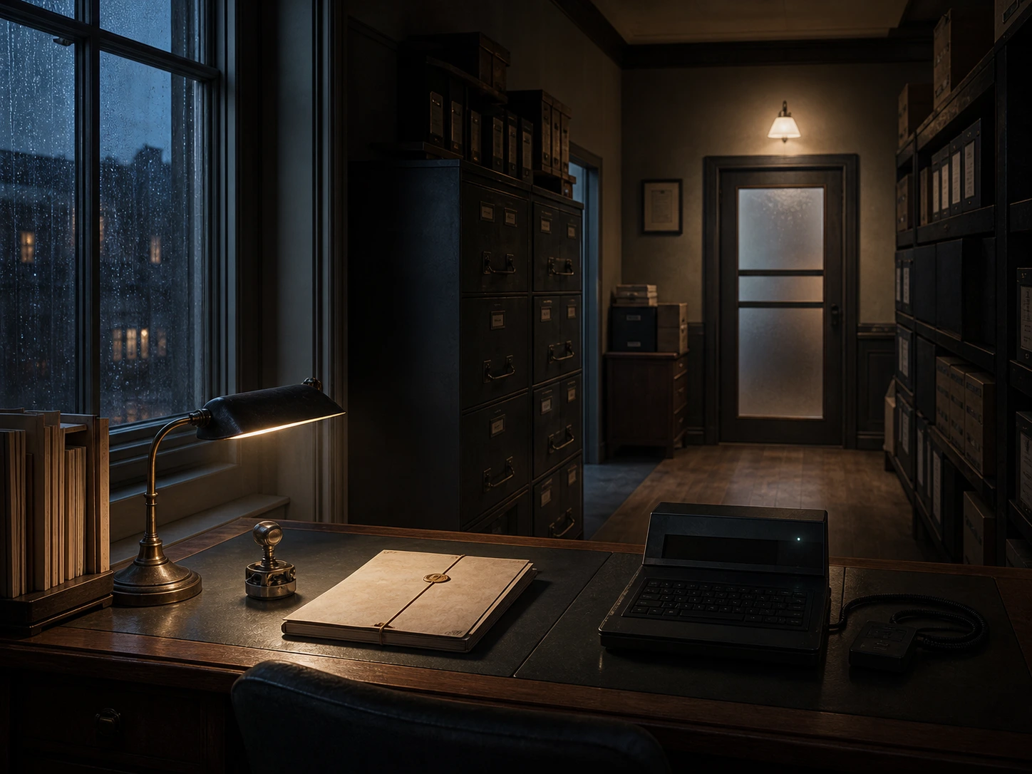 A guarded civic records room with an isolated terminal.