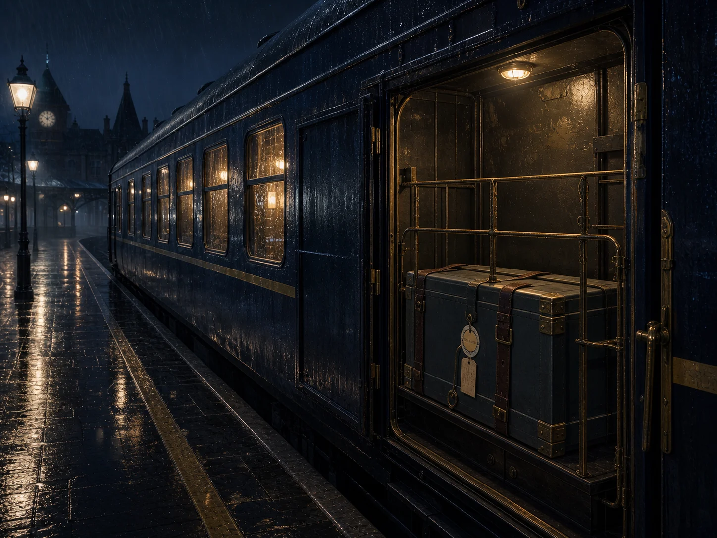 A sealed conservation crate secured inside the luggage compartment of a rain-dark sleeper train.