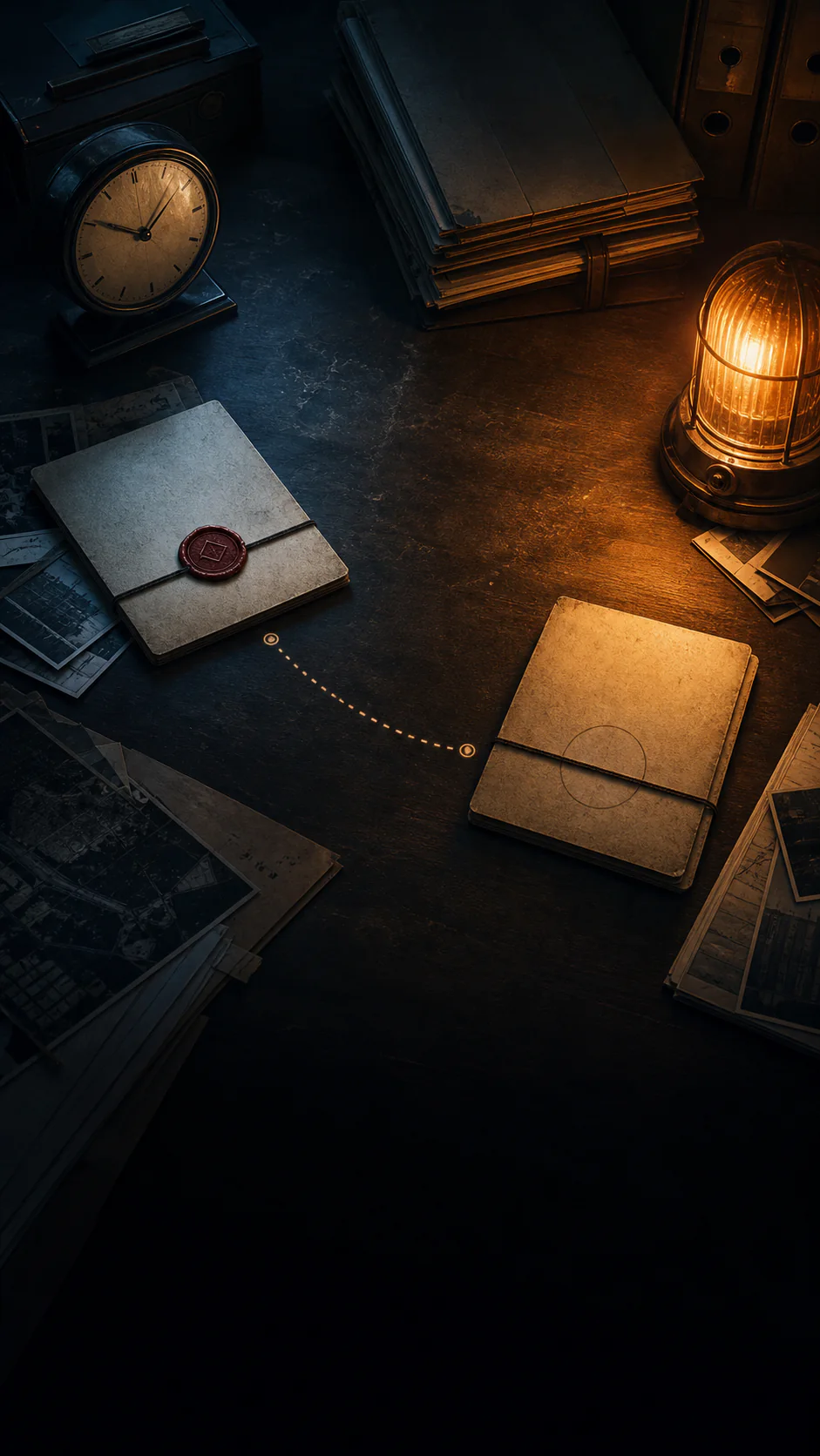 Two evidence packets beside a clock and an amber desk lamp.